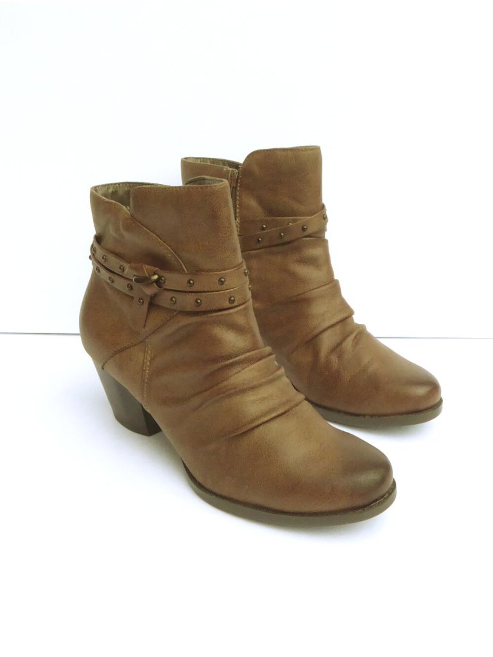 Baretraps Rainly faux brown leather studded buckle booties women's size 8.5M